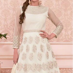 Faux Georgette Off White Anarkali Salwar